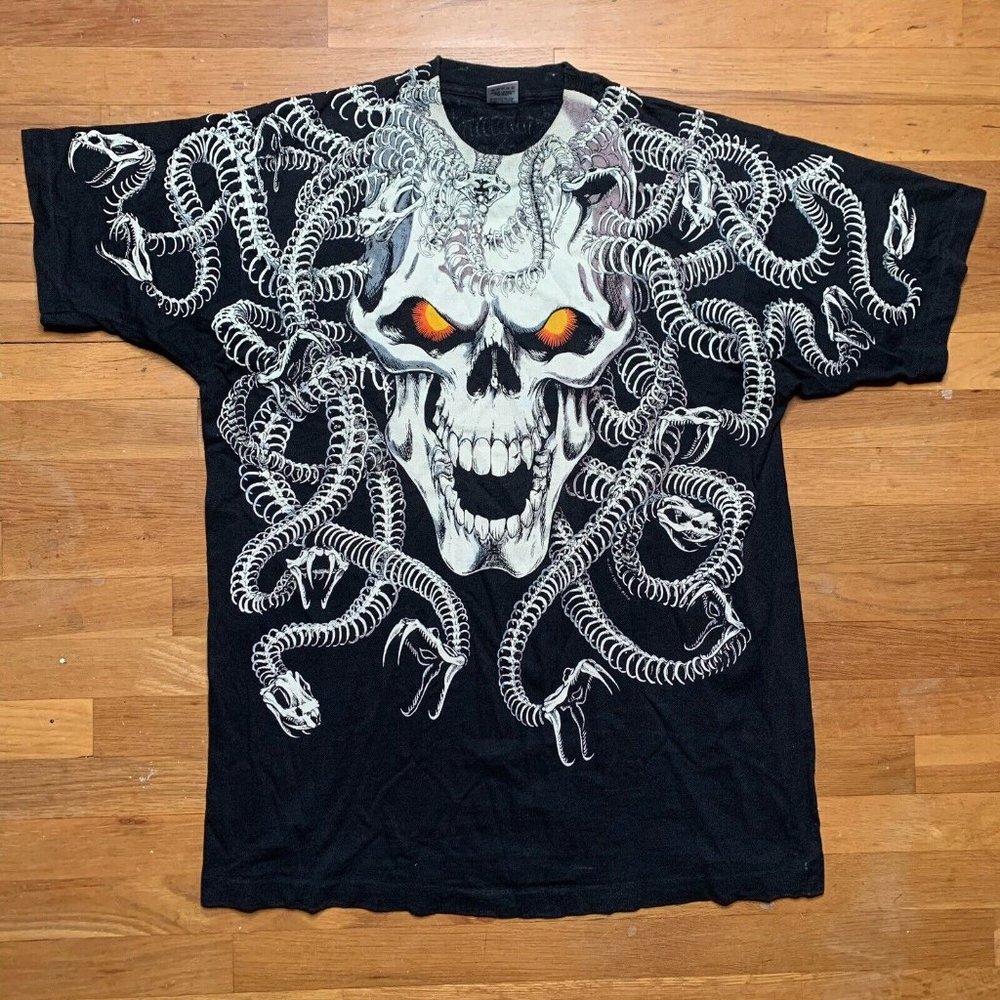 Vintage Liquid Blue Medusa Skull Single Stitch‎ T-Shirt  Snake Skeleton XL 1993 - Picture 2 of 8